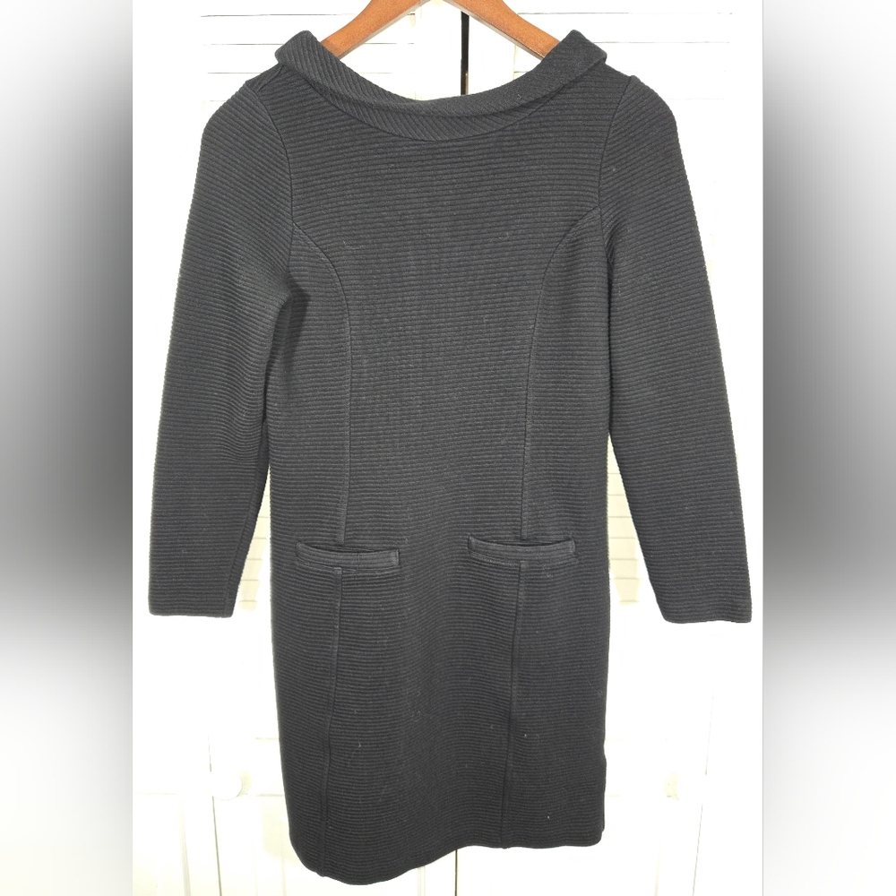 Boden Marion Black Long Sleeve Boat Neck Midi Shift Ribbed Dress Sz 4R